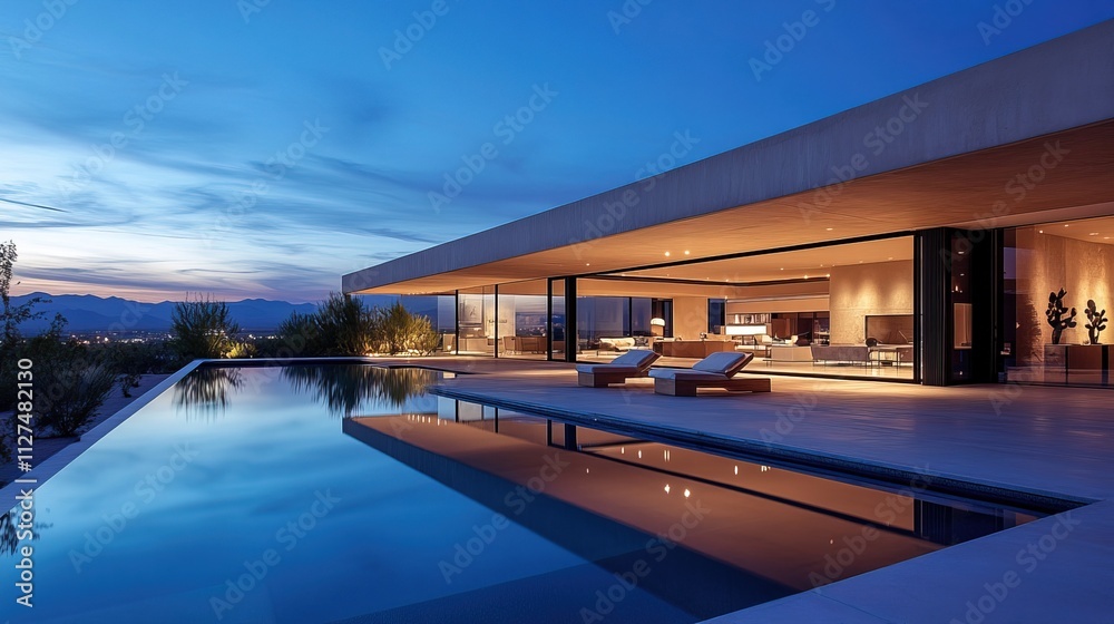 Fototapeta premium Outdoor living space - modern mansion in the desert at night with swimming pool