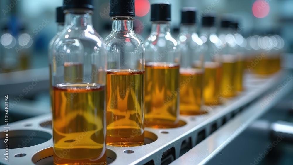 Bottles Filled With Oil Moving Along a Production Line in a Manufacturing Facility During Daytime Operations Bottles Filled With Oil Moving Along a Production Line in a Manufacturing Facility During Daytime Operations