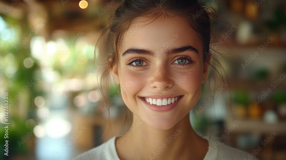 A woman with green eyes and a smile on her face. She is wearing a white shirt. The image has a bright and cheerful mood A woman with green eyes and a smile on her face. She is wearing a white shirt. The image has a bright and cheerful mood