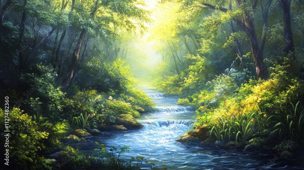 Fototapeta premium Sunlit stream flows through lush green forest.