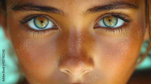 A woman with green eyes and a tan face. The eyes are open and the nose is visible