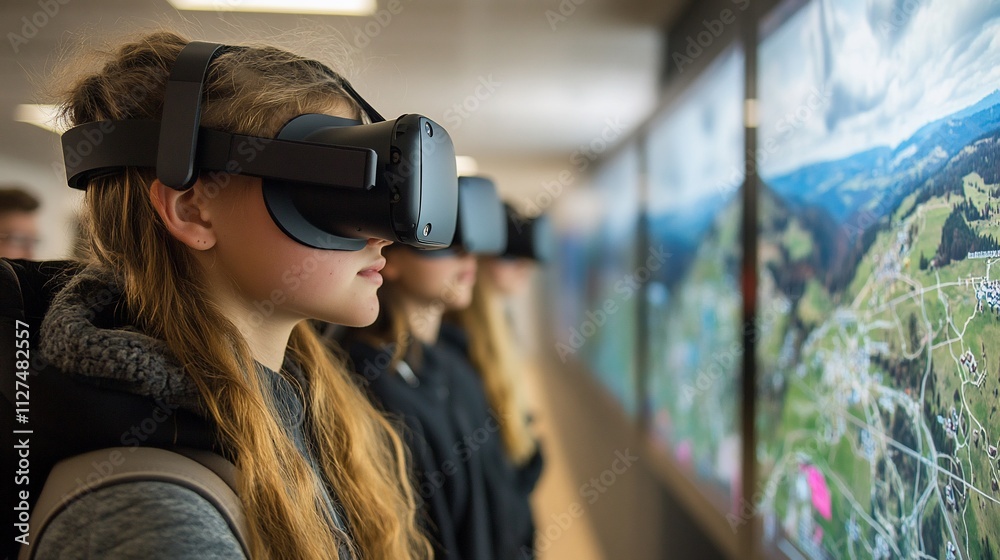 Young girls wearing VR headsets experience virtual reality landscape. Young girls wearing VR headsets experience virtual reality landscape.