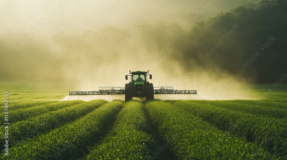Fototapeta premium Sunrise Tractor Spraying Crops in Misty Field