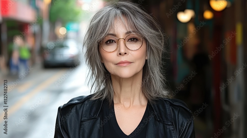 Obraz premium A woman with short hair and glasses stands on a street. She is wearing a black jacket and a black shirt