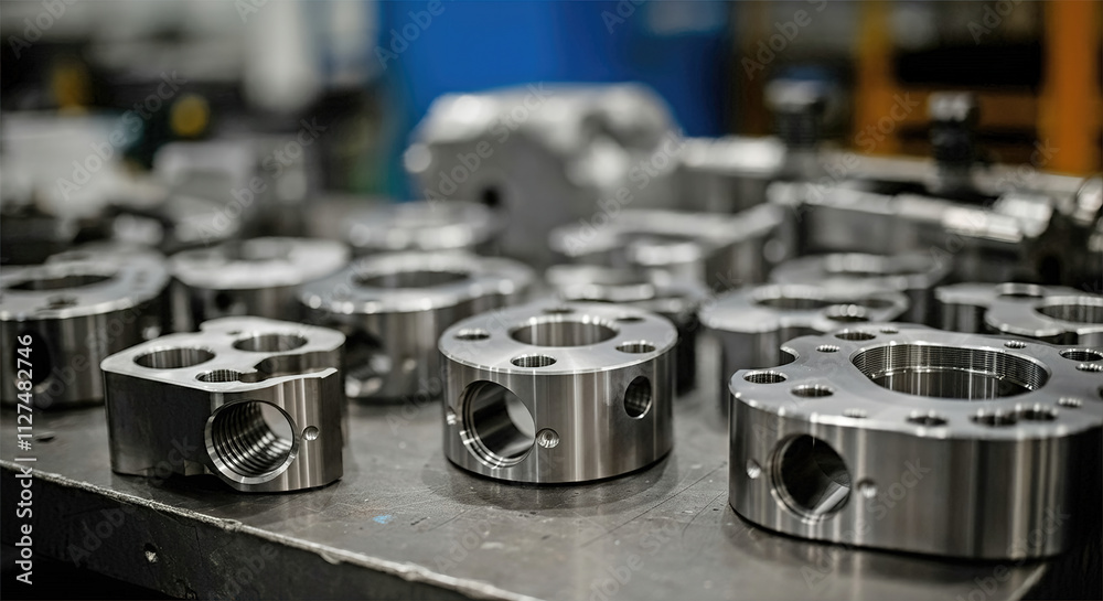 a batch of shiny metal cnc aerospace parts production - close-up with selective focus for industrial background a batch of shiny metal cnc aerospace parts production - close-up with selective focus for industrial background