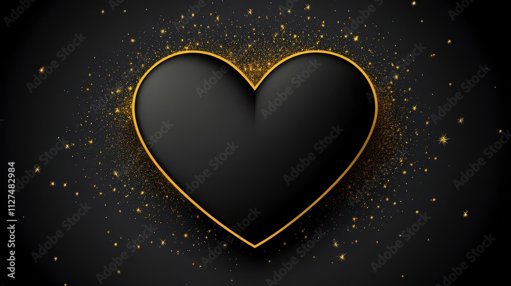 Naklejka premium Elegant black heart with golden sparkles on dark background