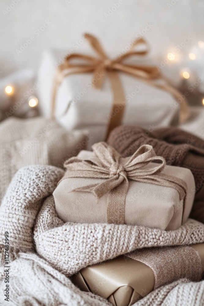 Soft gifts wrapped in luxurious cashmere scarves create a cozy New Year ambiance. Warm lighting and muted tones enhance the elegant and inviting feel of the scene Soft gifts wrapped in luxurious cashmere scarves create a cozy New Year ambiance. Warm lighting and muted tones enhance the elegant and inviting feel of the scene