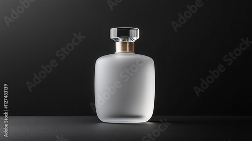 Minimalist frosted glass perfume bottle on black background. Luxury product photography for advertising or branding design.