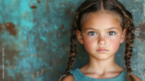 A young girl with brown hair and blue eyes is standing in front of a blue wall. She has her hair in pigtails and is wearing a blue dress