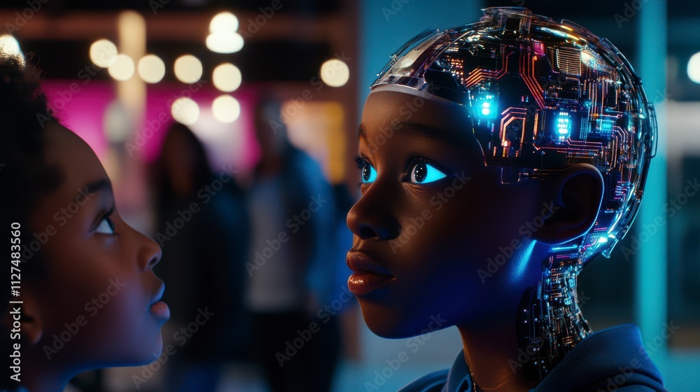 child interacts with futuristic robot in vibrant setting