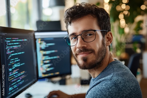 A close-up portrait of a software engineer working on an innovative e-commerce platform, with lines of code reflecting in their glasses, utilizing machine learning and AI algorithms.