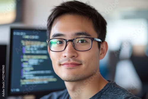 A close-up portrait of a software engineer at work, with lines of code reflecting in their glasses, symbolizing deep learning and e-commerce innovations.