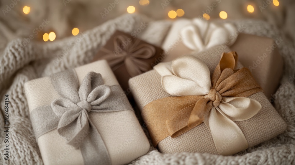 Softly wrapped gifts in muted tones of beige, chocolate, and pale gray create a warm atmosphere with luxurious cashmere textures. The minimalistic background adds to the elegance of the scene Softly wrapped gifts in muted tones of beige, chocolate, and pale gray create a warm atmosphere with luxurious cashmere textures. The minimalistic background adds to the elegance of the scene