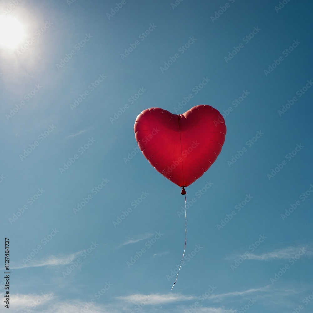 Fototapeta premium A red balloon shaped like a heart floating against a blue sky.
