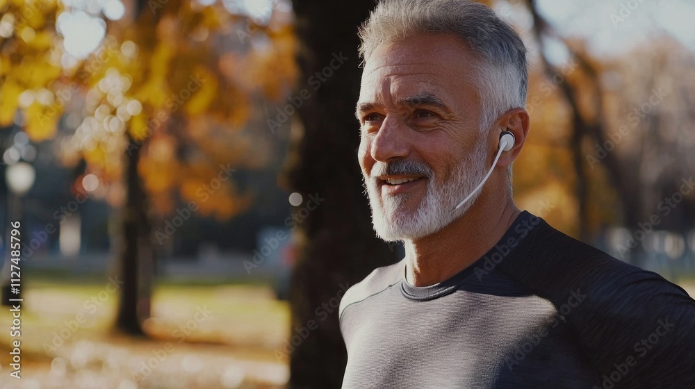 Obraz premium With a joyful smile, a senior man embraces the crisp autumn air in fitness wear, jogging through a picturesque park filled with colorful leaves and warm sunlight