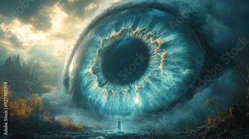 Giant ethereal eye looms over a lone figure in a mystical landscape.