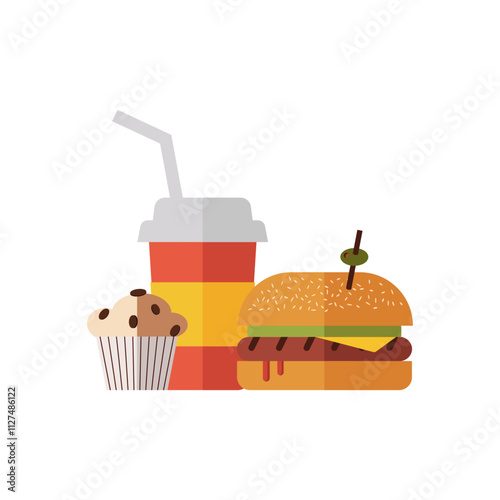Fast food vector composition. Burger, muffin and soft drink in flat style. Simple shapes. Diner menu