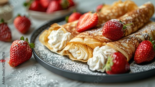 Wholesome crepes filled with creamy ricotta, topped with sliced strawberries on a refined marble surface