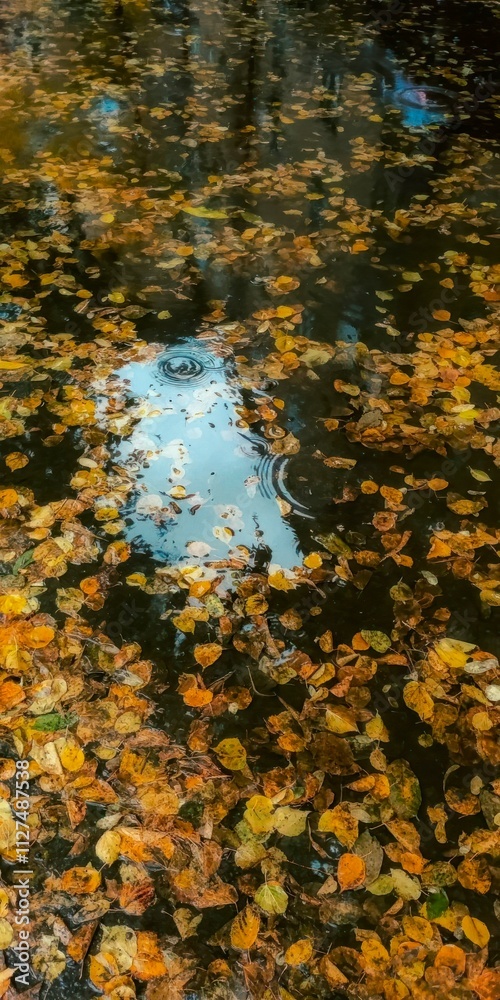 Autumn Leaves Floating on a Reflective Pond Surface Capturing the Essence of Fall Serenity, Natural Beauty, Tranquility. Vertical Autumn Leaves Floating on a Reflective Pond Surface Capturing the Essence of Fall Serenity, Natural Beauty, Tranquility. Vertical