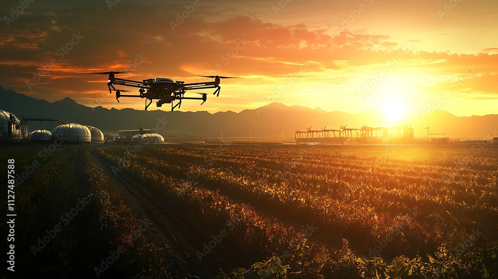 Fototapeta premium Drone flying over agricultural field at sunset.
