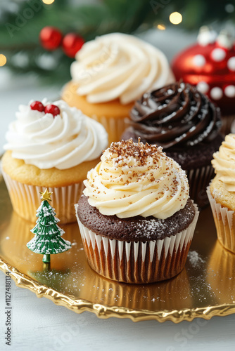 Decorative festive xmas cupcakes on platter, bakery table, Christmas tree decoration. Winter desserts concept