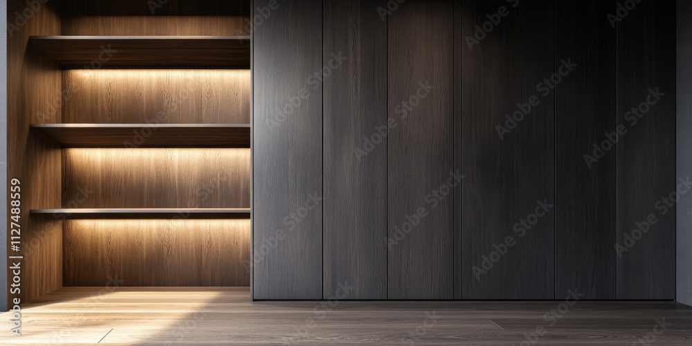 Empty dressing room closet with empty shelves. Banner concept for custom cabinet furniture production Empty dressing room closet with empty shelves. Banner concept for custom cabinet furniture production