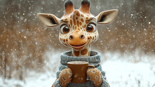 Cute cartoon giraffe wearing sweater holding mug on snowy day