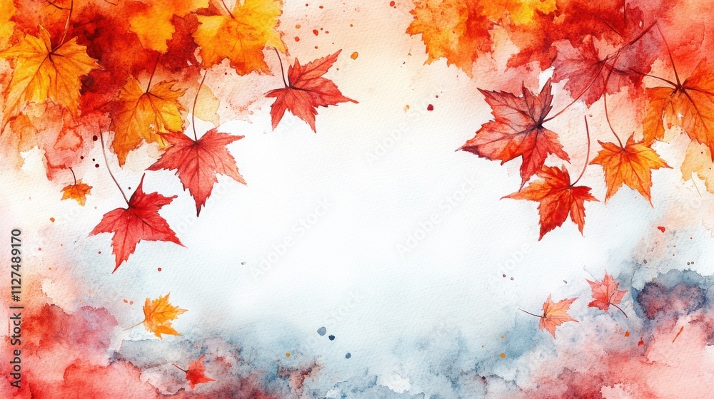 Watercolor painting of autumn leaves in warm, vibrant colors. The artwork features maple leaves in shades of red and orange, creating a beautiful fall scene. Watercolor painting of autumn leaves in warm, vibrant colors. The artwork features maple leaves in shades of red and orange, creating a beautiful fall scene.