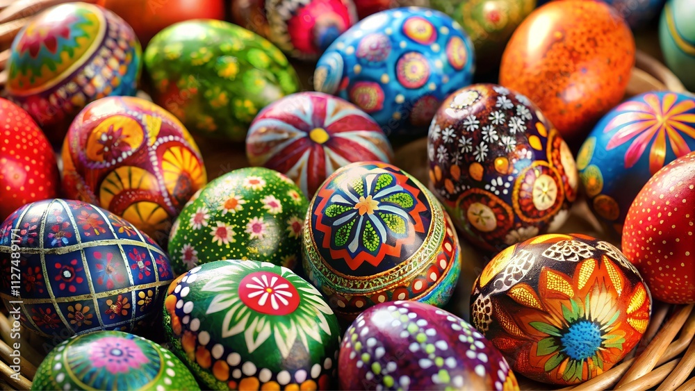 colored easter eggs in a basket close up view colored easter eggs in a basket close up view