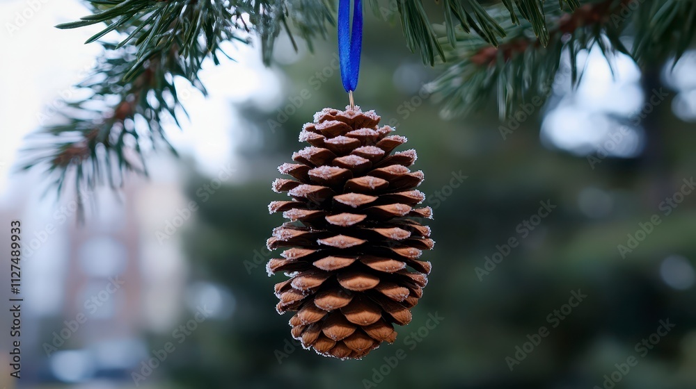 Frosted pine cone ornament hanging on a tree branch