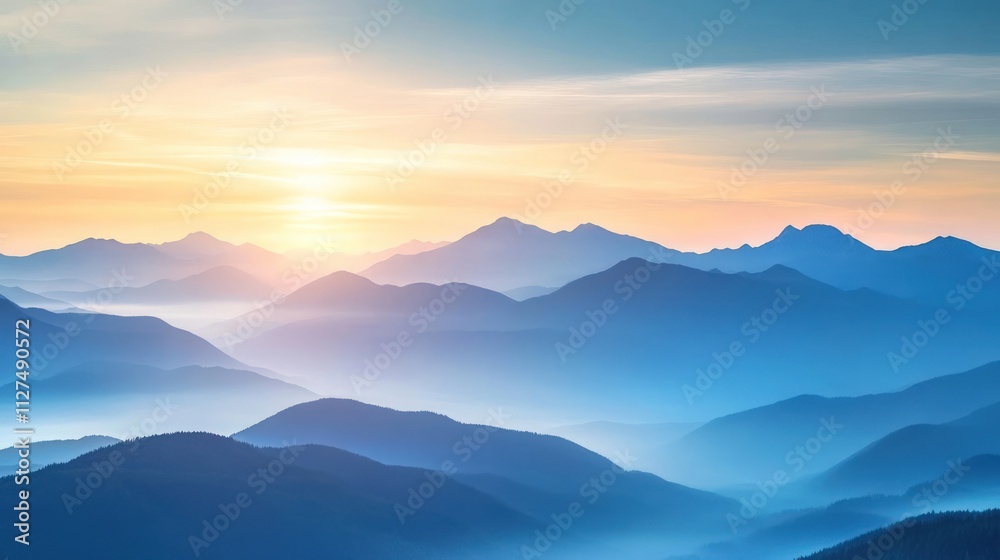 Serene sunrise over misty, blue mountains. Serene sunrise over misty, blue mountains.