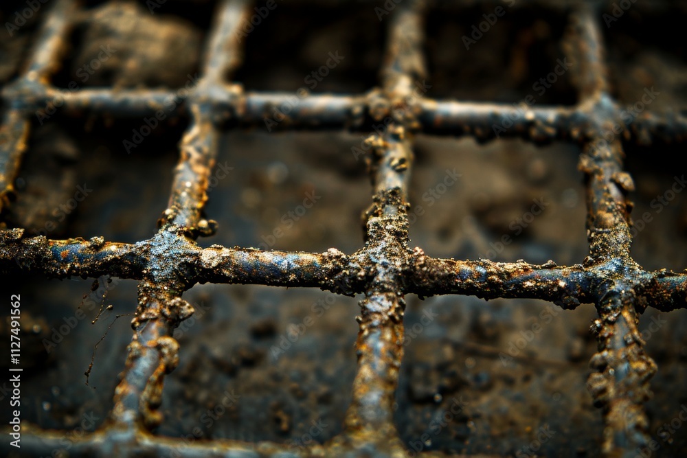 Close-up of a rusty metal grate covered in dirt, texture and decay, industrial background. Close-up of a rusty metal grate covered in dirt, texture and decay, industrial background.