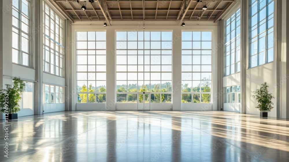 The interior of a large, open event hall with natural light pouring in through massive windows, highlighting a clean, minimalist design and polished floors The interior of a large, open event hall with natural light pouring in through massive windows, highlighting a clean, minimalist design and polished floors