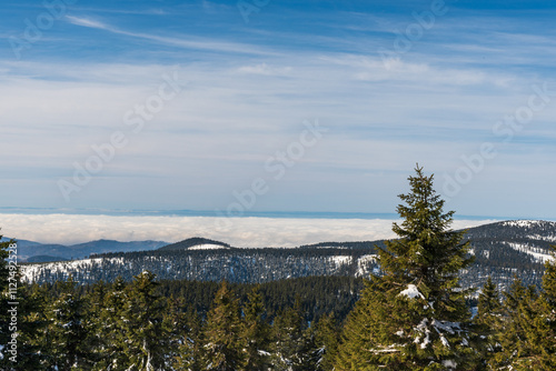 View from hiking trail bellow Praded hill in winter Jeseniky mountains