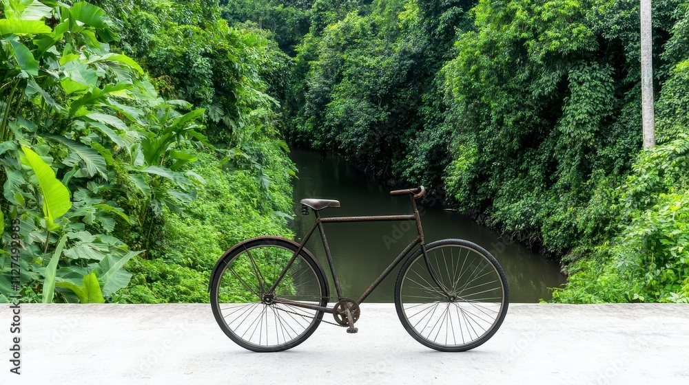 Rustic bicycle by a lush riverbank Rustic bicycle by a lush riverbank
