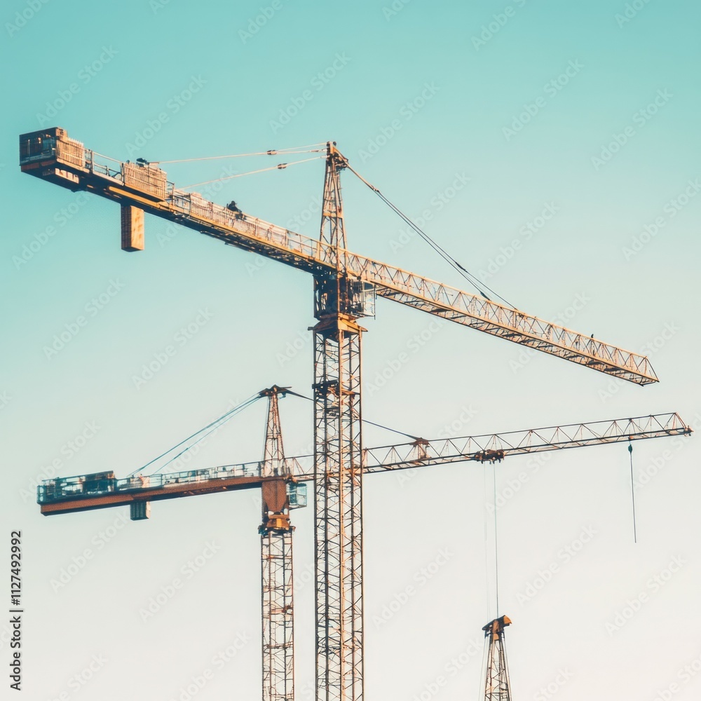Sleek and modern construction cranes with clear sky Sleek and modern construction cranes with clear sky