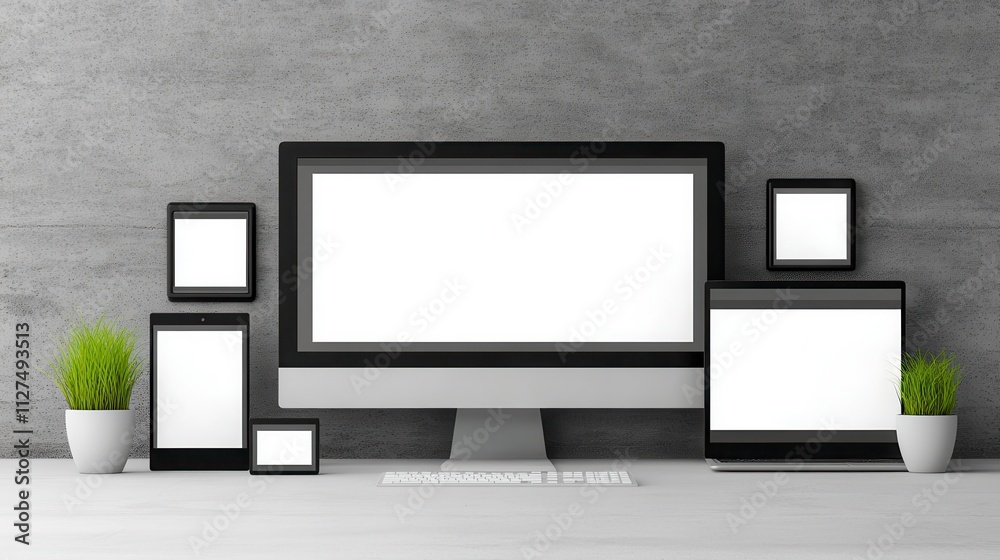 Modern workspace with devices and greenery Modern workspace with devices and greenery