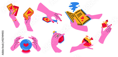 Witch and magical attributes. Hands holding bottles of potion, an open book, tarot cards.