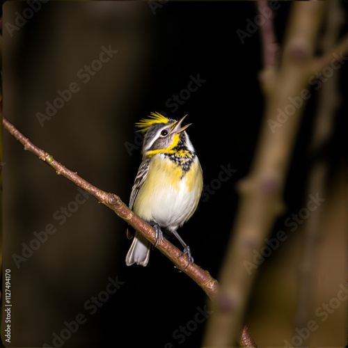 Firecrest - Regulus ignicapilla with the yellow crest singing in the dark forest, very small passerine bird in the kinglet family photo