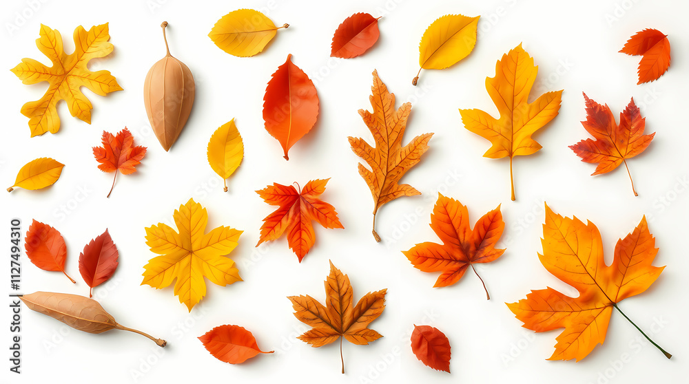 Fototapeta premium Forest leaves on a white background. Autumn composition. Illustration hello autumn.