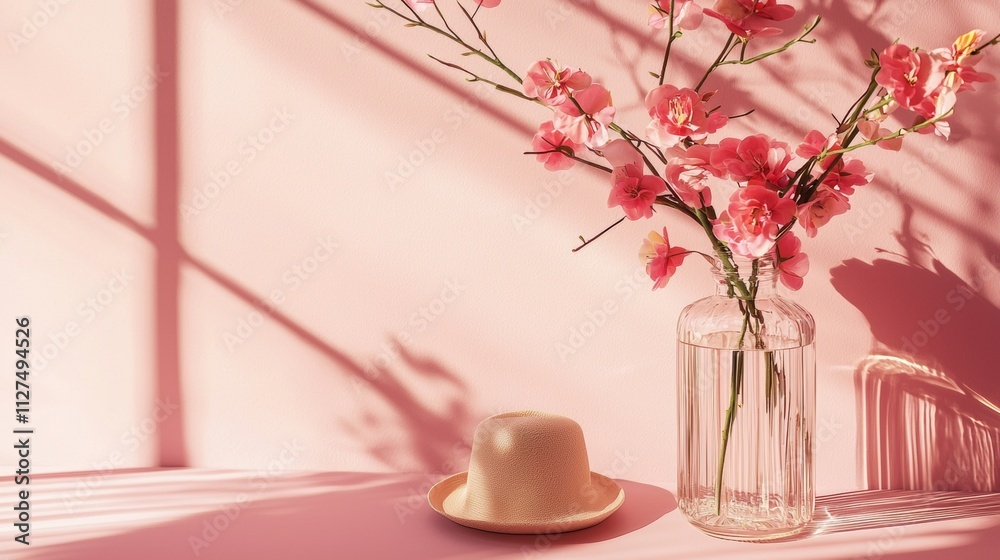 Pink flowers in a glass vase with sunlight shadows Pink flowers in a glass vase with sunlight shadows