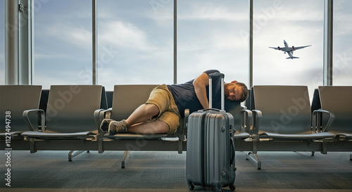 passenger of the aircraft tired and sleep on the chair in the transit hal of the airport terminal, waiting for the next schedule of the airplane