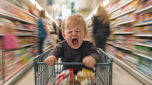 A toddler sitting in a grocery cart, angrily throwing items out of the cart while having a tantrum, with blurred shoppers passing in the background