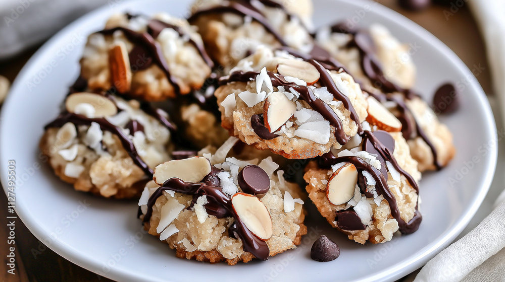 Delicious coconut macaroons drizzled with chocolate and topped with almonds on a white plate Delicious coconut macaroons drizzled with chocolate and topped with almonds on a white plate