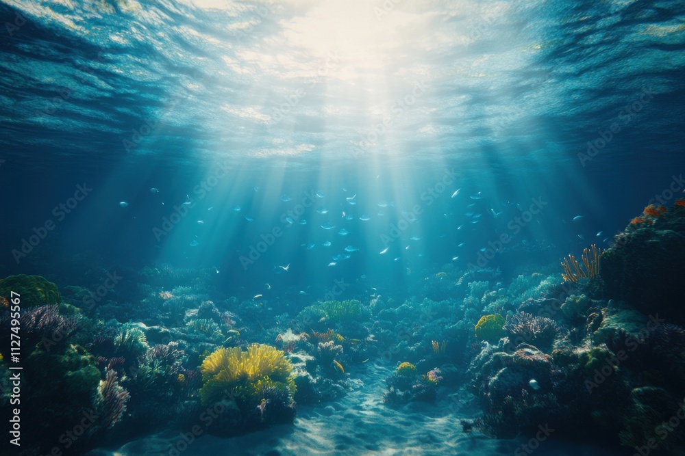 A stunning underwater scene of a blue ocean world with sunlight filtering through. A stunning underwater scene of a blue ocean world with sunlight filtering through.