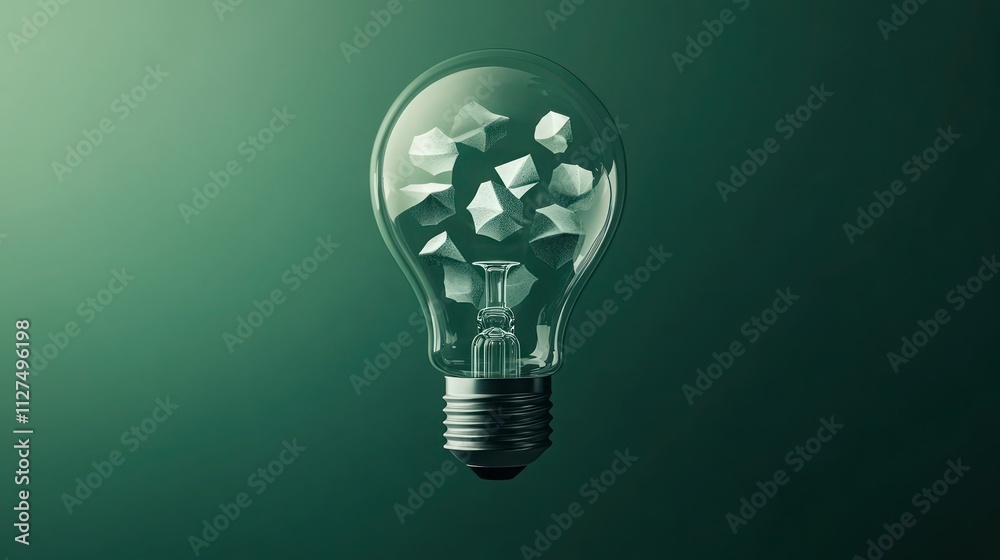 Floating holographic shapes inside a light bulb, symbolizing futuristic ideas, on a deep, gradient green background. Floating holographic shapes inside a light bulb, symbolizing futuristic ideas, on a deep, gradient green background.