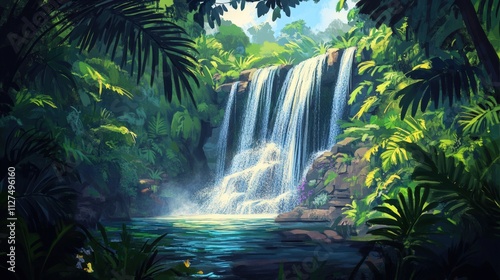 Lush jungle waterfall, tranquil pool.