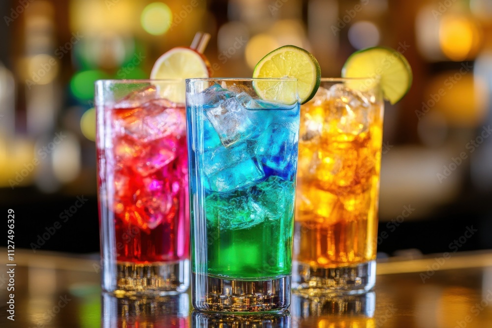Colorful gin tonic cocktails displayed on a bar counter.