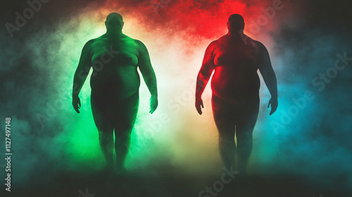 Abstract Human Silhouettes with Dramatic Red and Green Misty Lighting Effects for Conceptual and Creative Themes
 photo