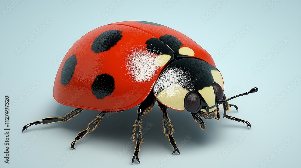 Naklejka premium A close-up macro shot of a shiny ladybug with distinct red and black markings on a soft blue background